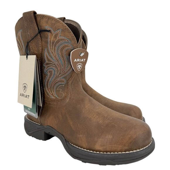 NWOB Ariat Women's Brown Leather Western Shortie Boots US 7B Oil/Slip Resistant - Picture 4 of 12